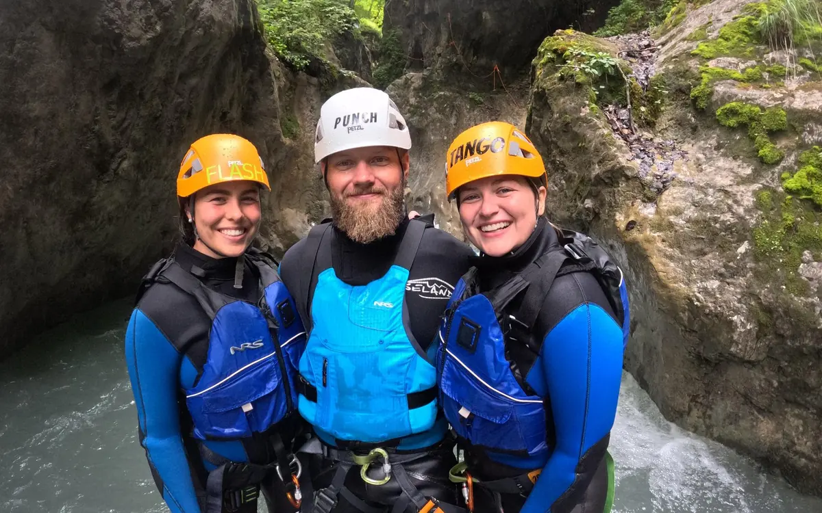 A guided group in a narrow canyon near Interlaken
